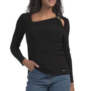Nine West Long Sleeve Asymmetrical Neck Top With Gold Bar Accent in Black (NEW)